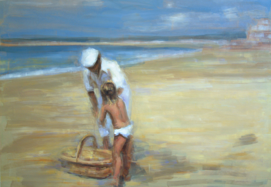 03.30. El vendedor y la pequeña bañista. Óleo sobre madera. 90 x 122 cm.
